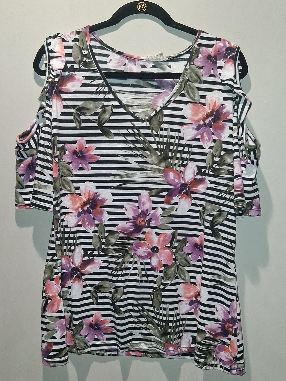 Cold-Shoulder Floral Stripe Tunic Top in Black, White & Pink